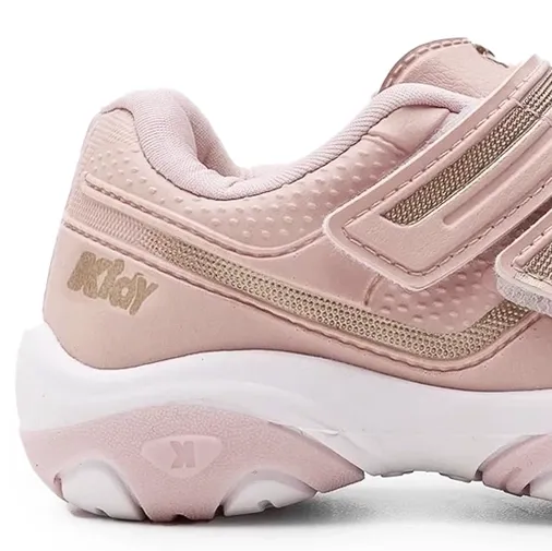 Tênis infantil rosa Kidy com detalhes dourados e miçangas em vista lateral